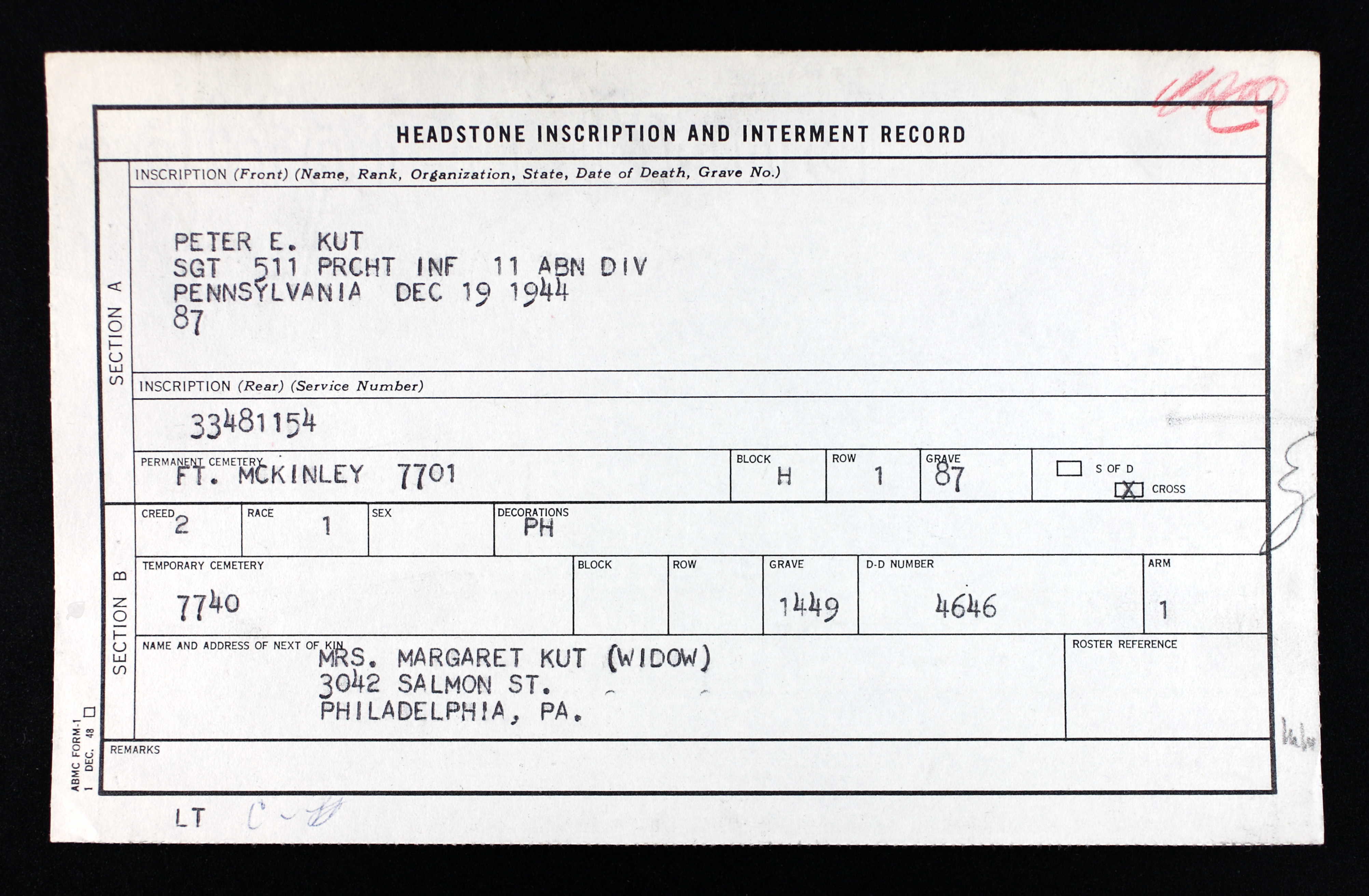 Sgt Peter Kut 511th PIR headstone application